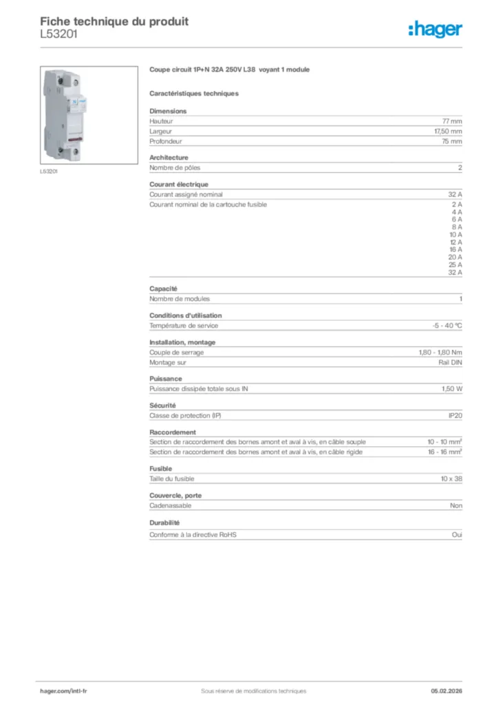 Image Hager Fiche technique du produit L53201 | Hager Afrique