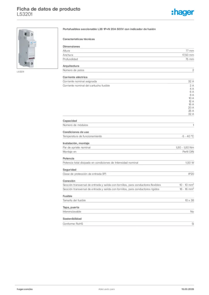 Imagen Hager Ficha de datos de producto L53201 | Hager España