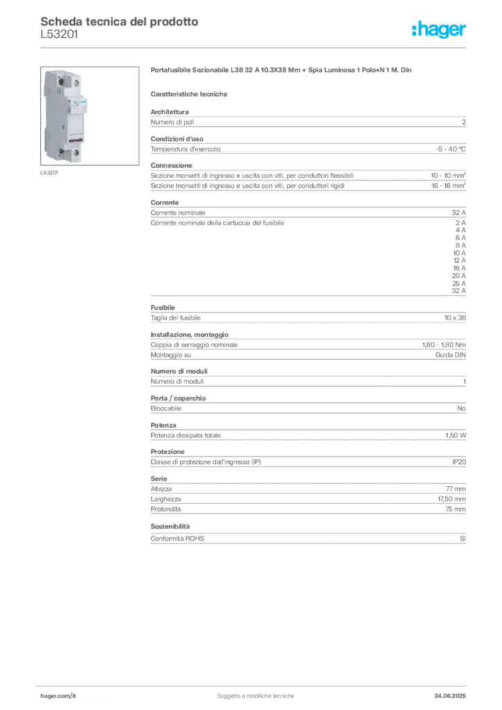 Immagine Hager Scheda tecnica del prodotto L53201 | Hager Italia