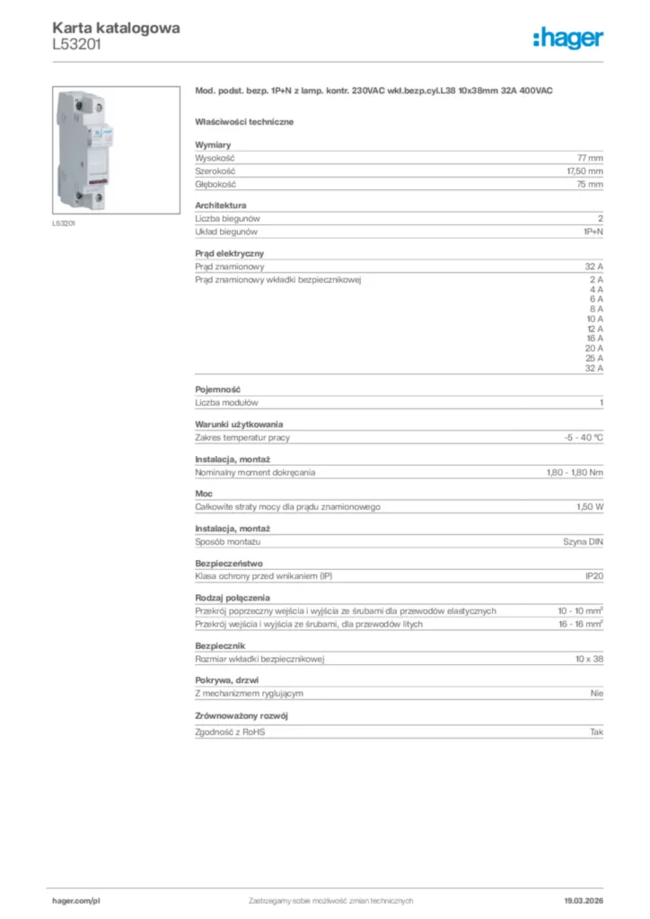 Zdjęcie Hager Karta katalogowa L53201 | Hager Polska