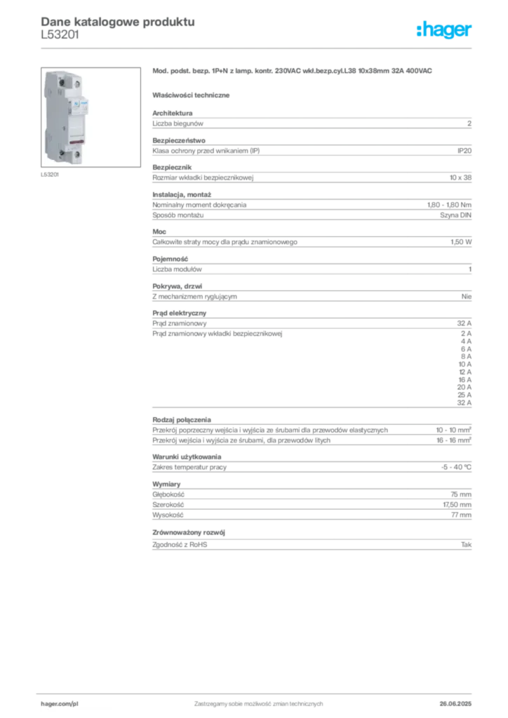 Zdjęcie Hager Dane katalogowe produktu L53201 | Hager Polska
