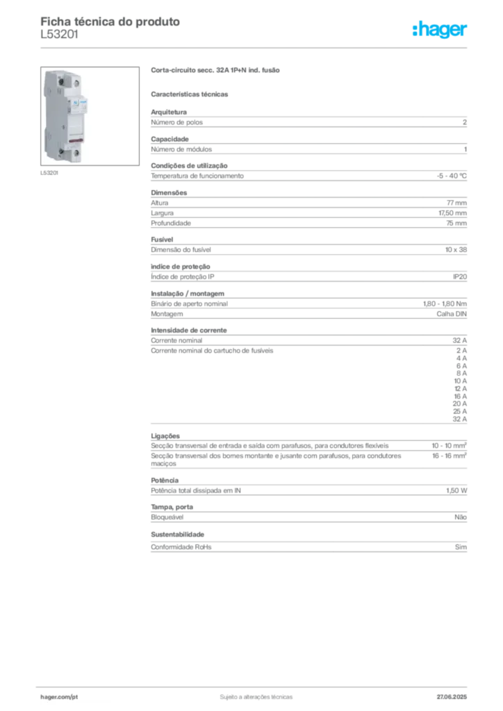 Imagem Hager Ficha técnica do produto L53201 | Hager Portugal