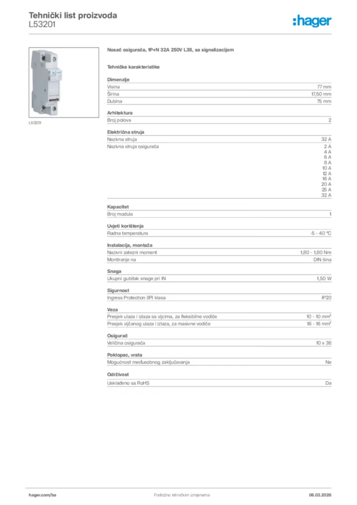 Slika Hager Tehnički list proizvoda L53201  | Hager