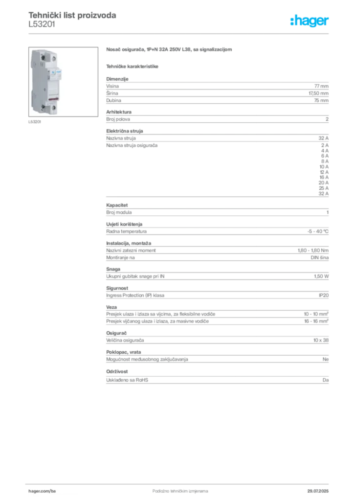 Slika Hager Product data sheet L53201  | Hager
