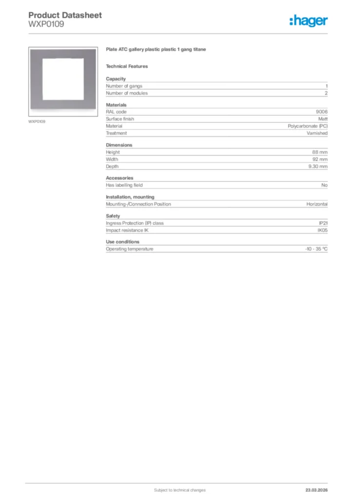 Image Hager Product data sheet WXP0109  | Hager Africa