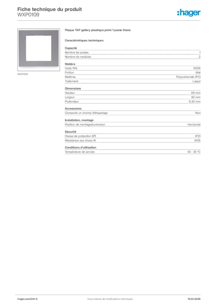 Image Hager Fiche technique du produit WXP0109 | Hager Afrique