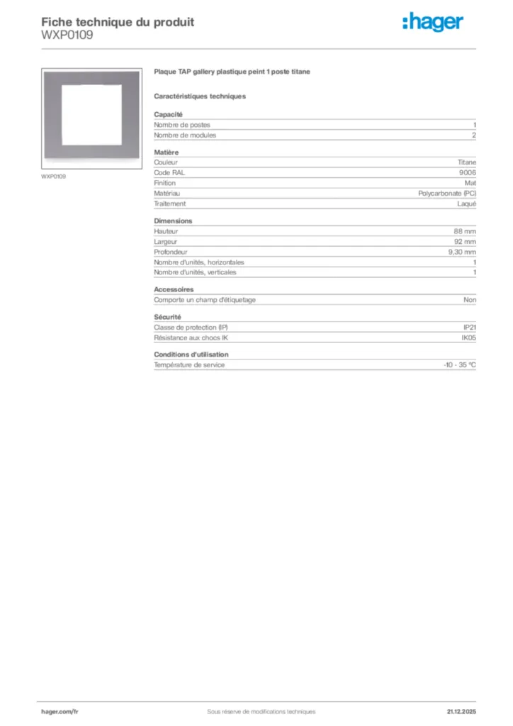 Image Hager Fiche technique du produit WXP0109 | Hager France