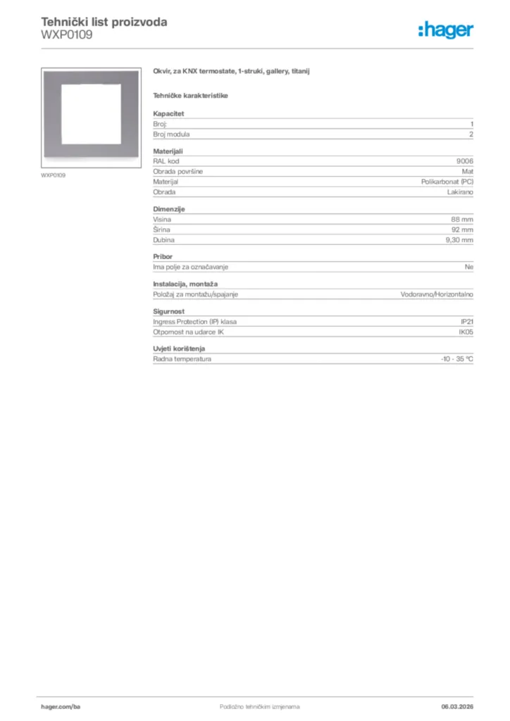 Slika Hager Tehnički list proizvoda WXP0109  | Hager