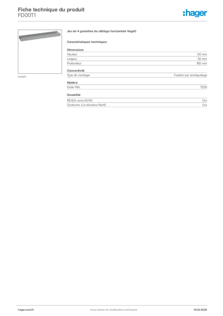 Image Hager Fiche technique du produit FD00T1 | Hager France