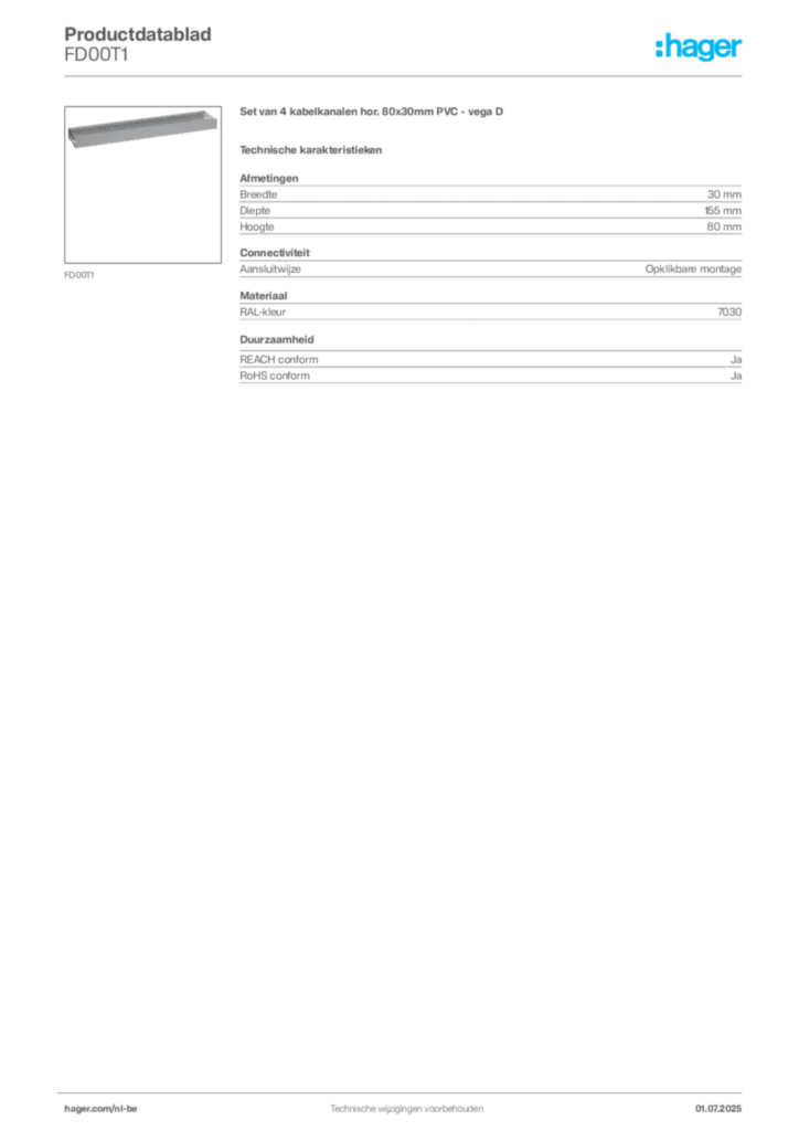 Afbeelding Hager Productdatablad FD00T1 | Hager Belgium