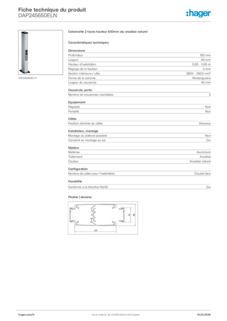 Image Hager Fiche technique du produit DAP245650ELN | Hager France