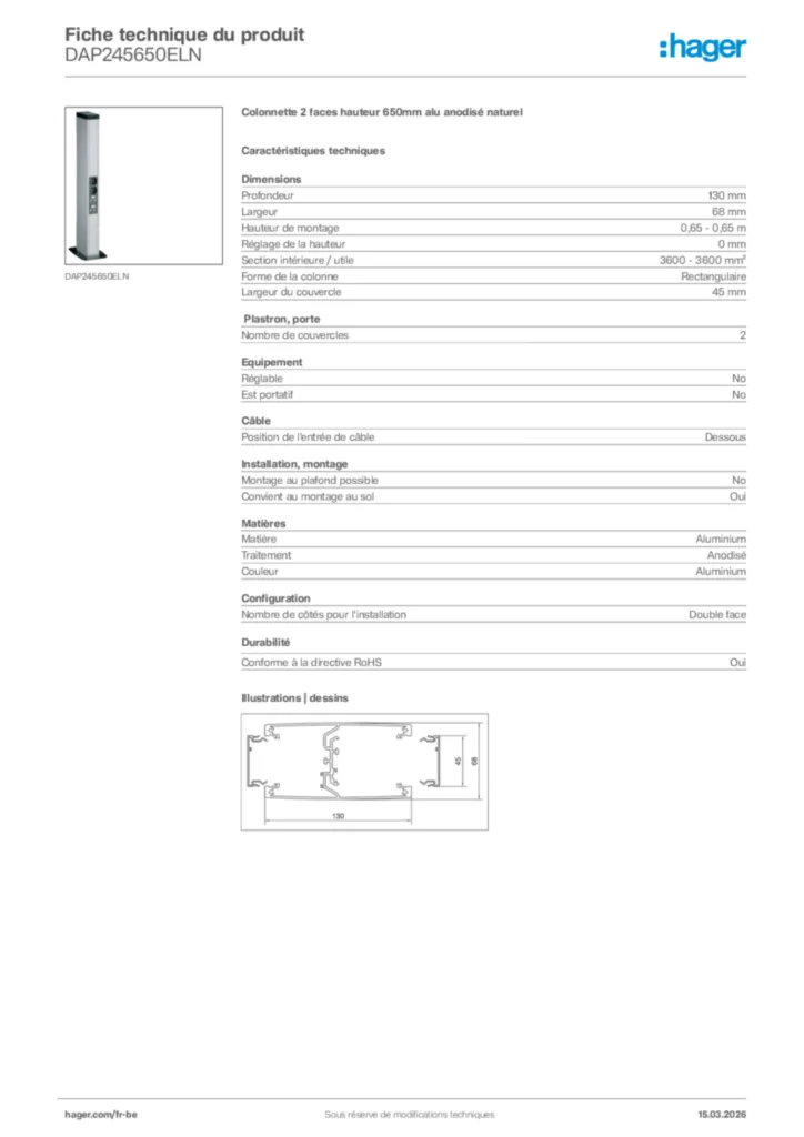 Image Hager Fiche technique du produit DAP245650ELN | Hager Belgique