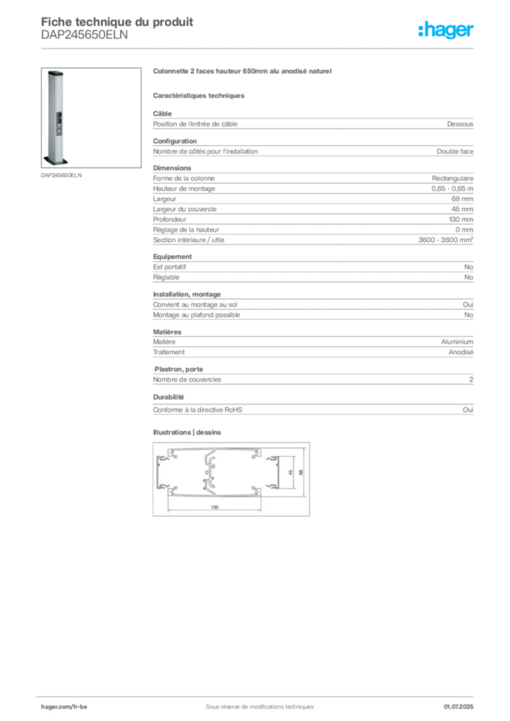 Image Hager Fiche technique du produit DAP245650ELN | Hager Belgique