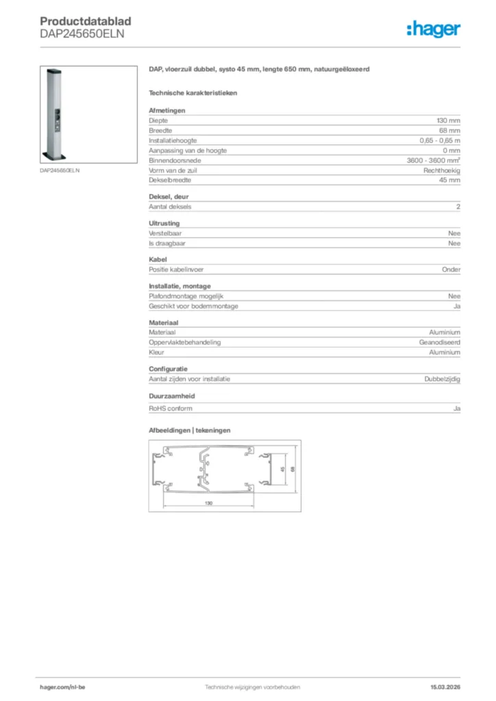 Afbeelding Hager Productdatablad DAP245650ELN | Hager Belgium