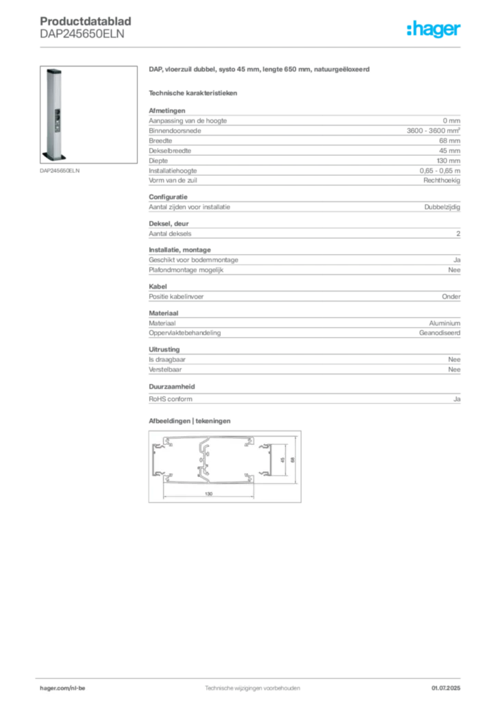 Afbeelding Hager Productdatablad DAP245650ELN | Hager Belgium