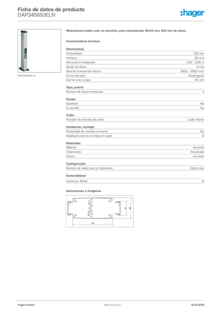 Imagen Hager Ficha de datos de producto DAP245650ELN | Hager España