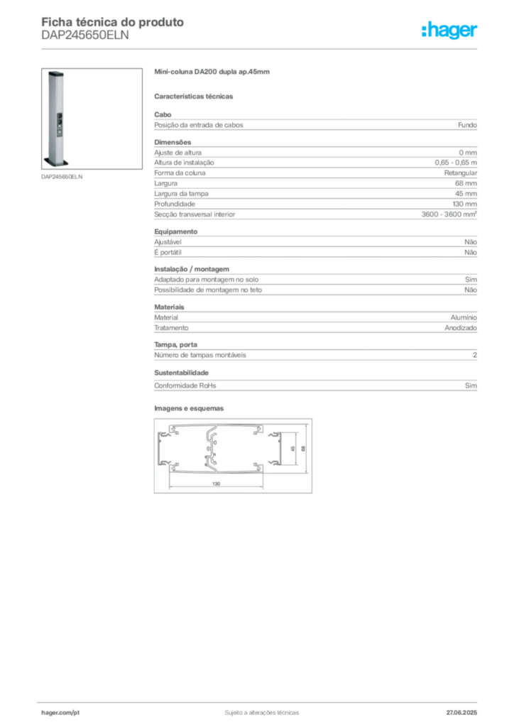 Imagem Hager Ficha técnica do produto DAP245650ELN | Hager Portugal