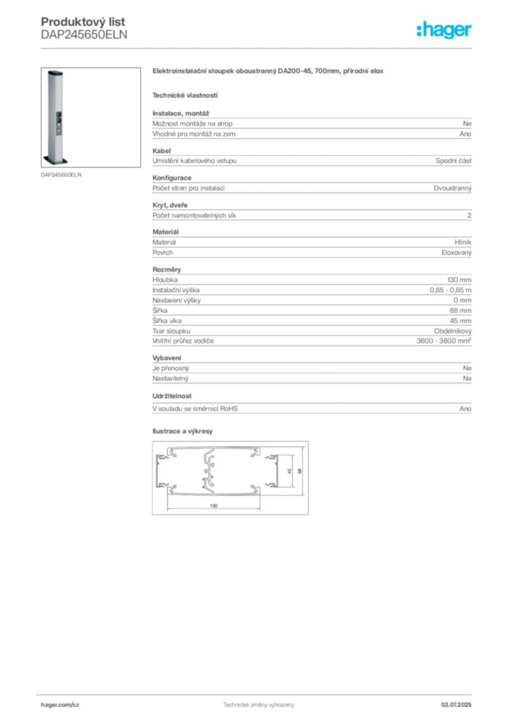 Obrázek Hager Produktový list DAP245650ELN | Hager