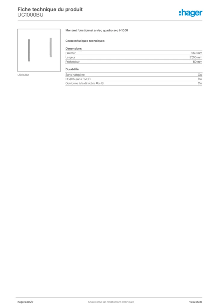 Image Hager Fiche technique du produit UC1000BU | Hager France