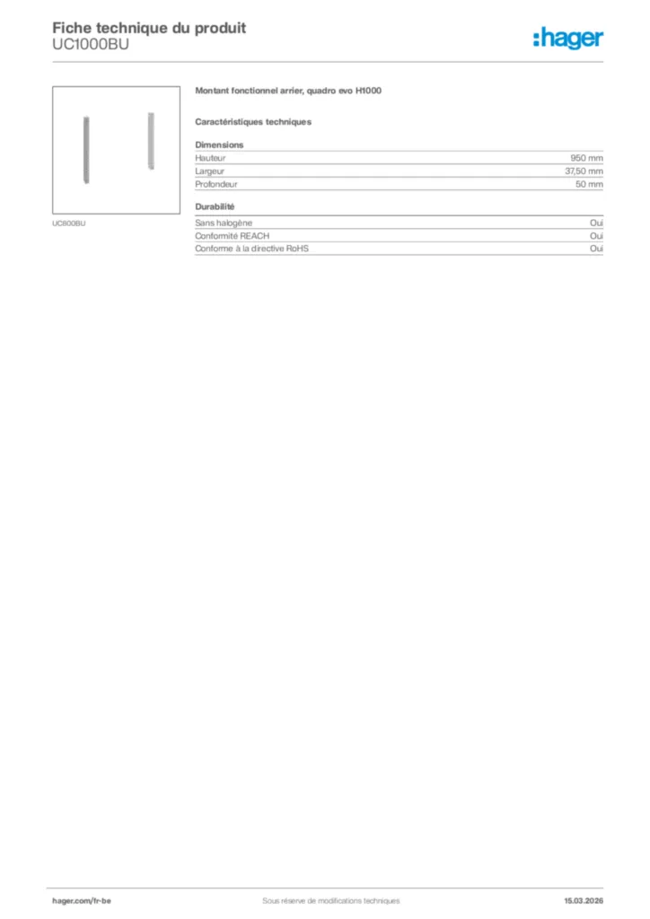 Image Hager Fiche technique du produit UC1000BU | Hager Belgique