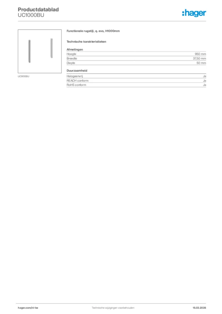 Afbeelding Hager Productdatablad UC1000BU | Hager Belgium