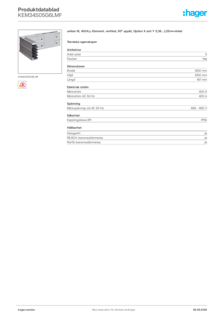 Bild Hager Produktdatablad KEM34S05G6LMF | Hager Sverige