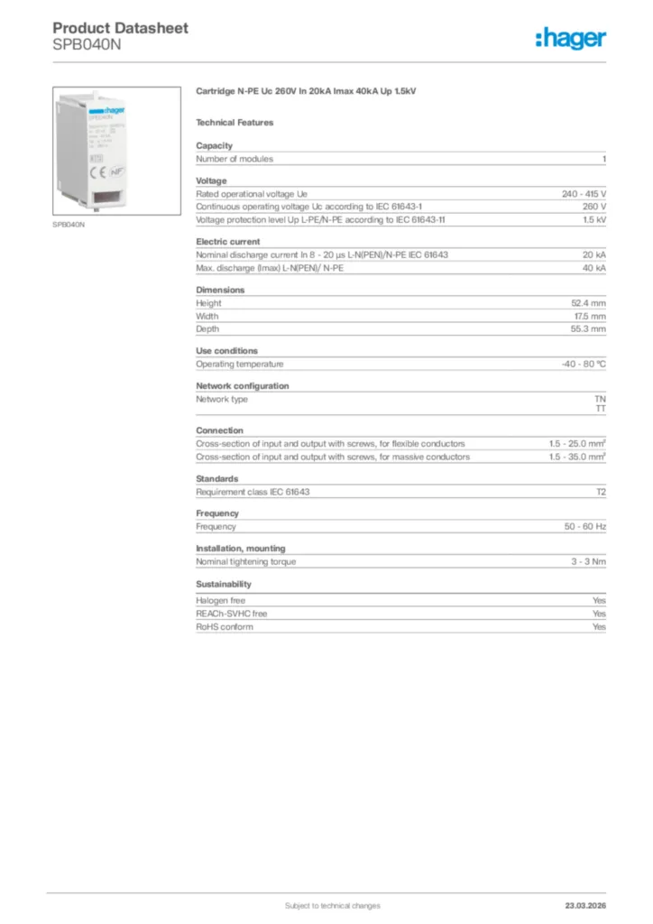 Image Hager Product data sheet SPB040N  | Hager Africa