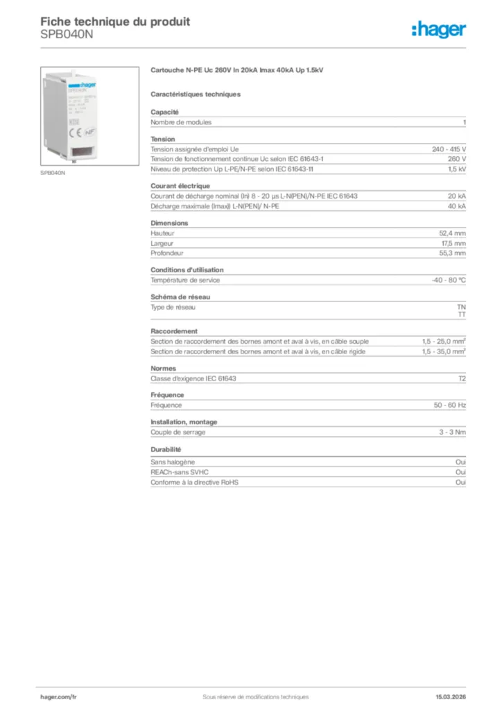 Image Hager Fiche technique du produit SPB040N | Hager France