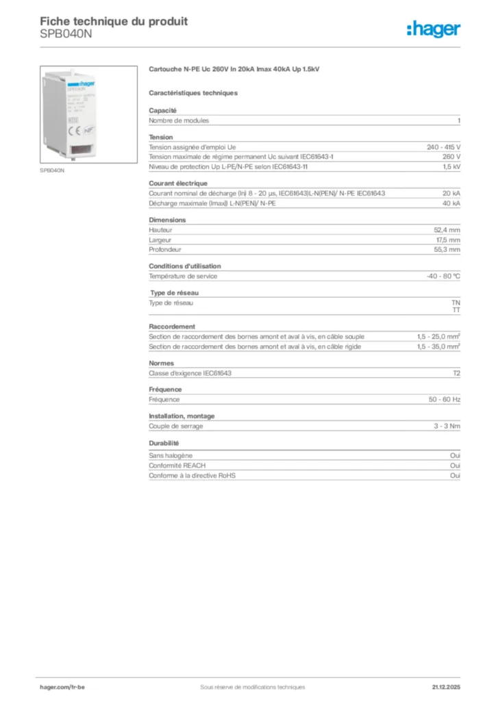 Image Hager Fiche technique du produit SPB040N | Hager Belgique