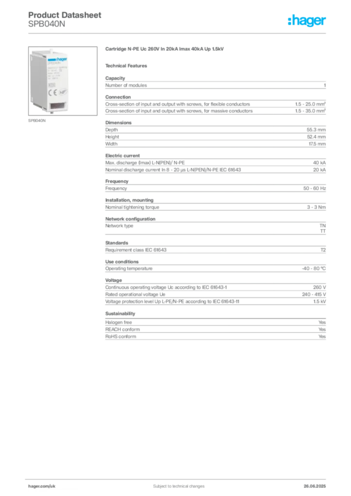 Image Hager Product data sheet SPB040N  | Hager