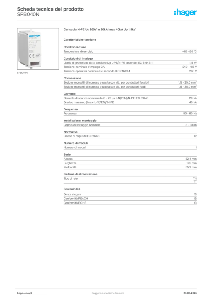 Immagine Hager Scheda tecnica del prodotto SPB040N | Hager Italia