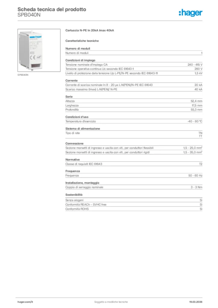 Immagine Hager Scheda tecnica del prodotto SPB040N | Hager Italia