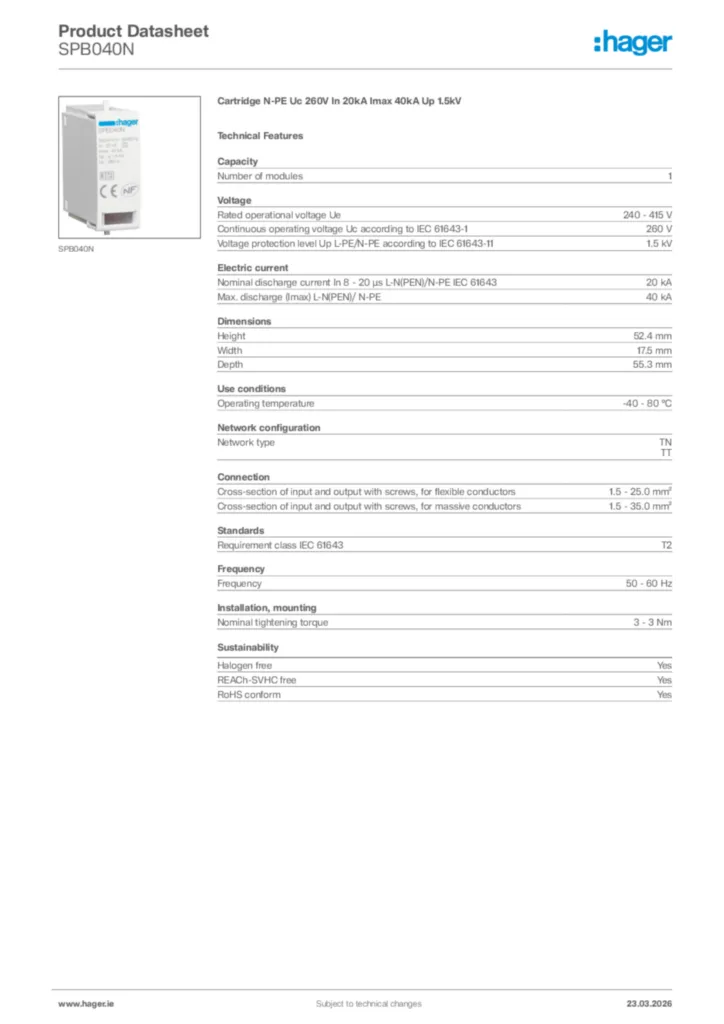 Image Hager Product data sheet SPB040N  | Hager