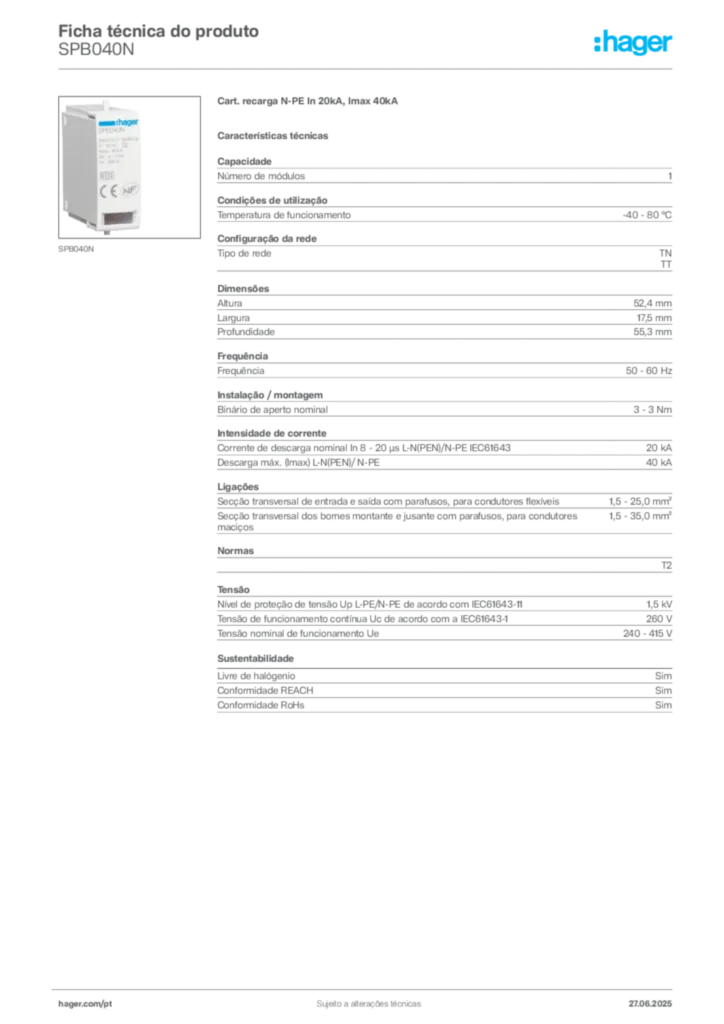 Imagem Hager Ficha técnica do produto SPB040N | Hager Portugal