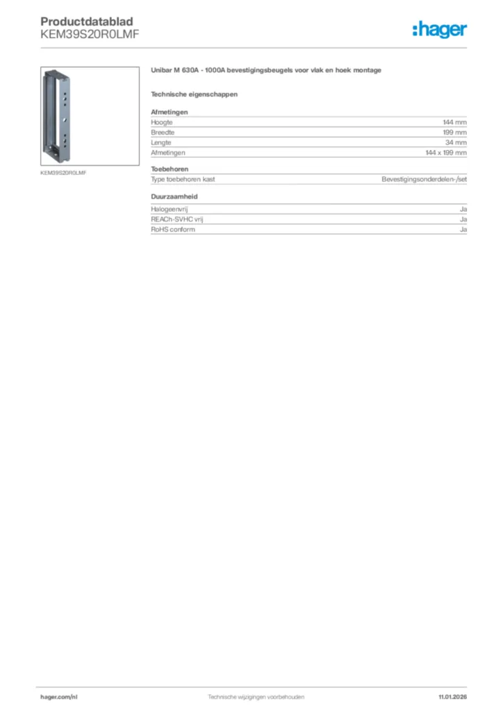 Afbeelding Hager Productdatablad KEM39S20R0LMF | Hager Nederland