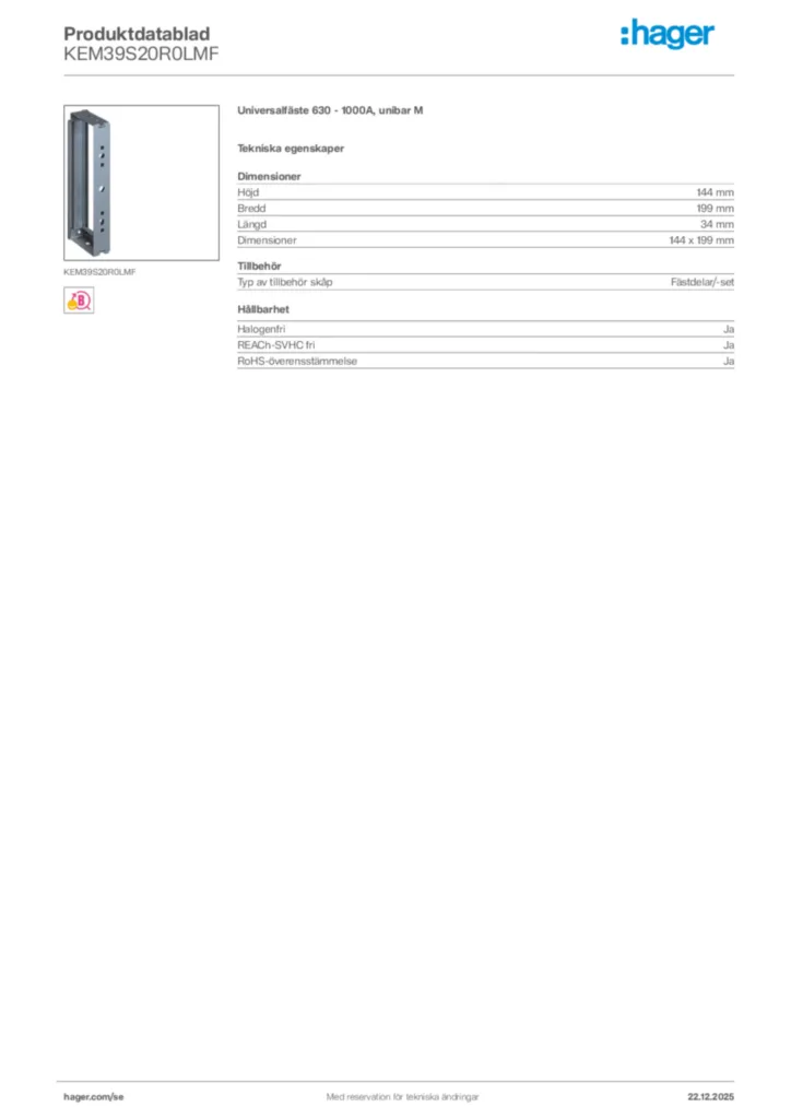 Bild Hager Produktdatablad KEM39S20R0LMF | Hager Sverige