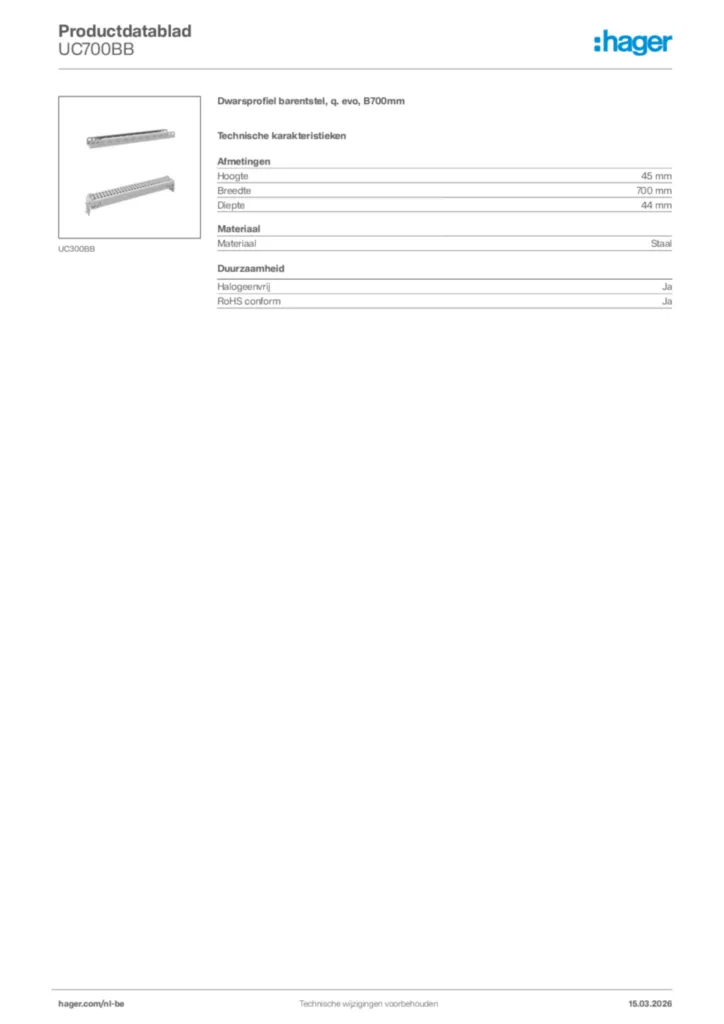 Afbeelding Hager Productdatablad UC700BB | Hager Belgium