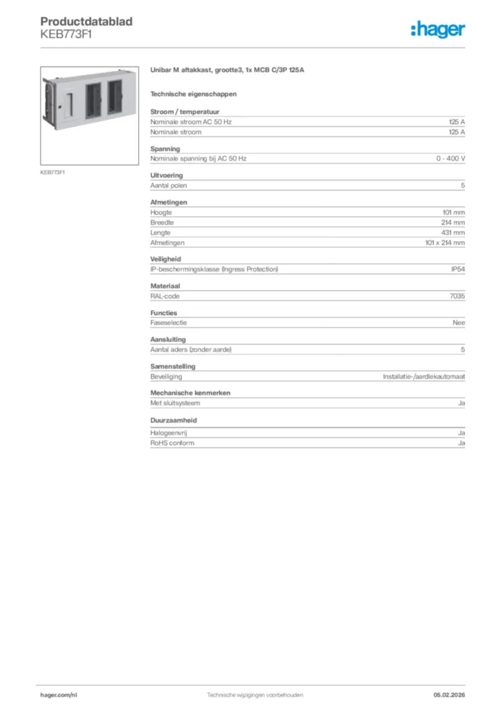 Afbeelding Hager Productdatablad KEB773F1 | Hager Nederland