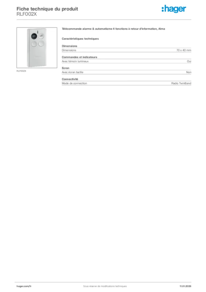 Image Hager Fiche technique du produit RLF002X | Hager France