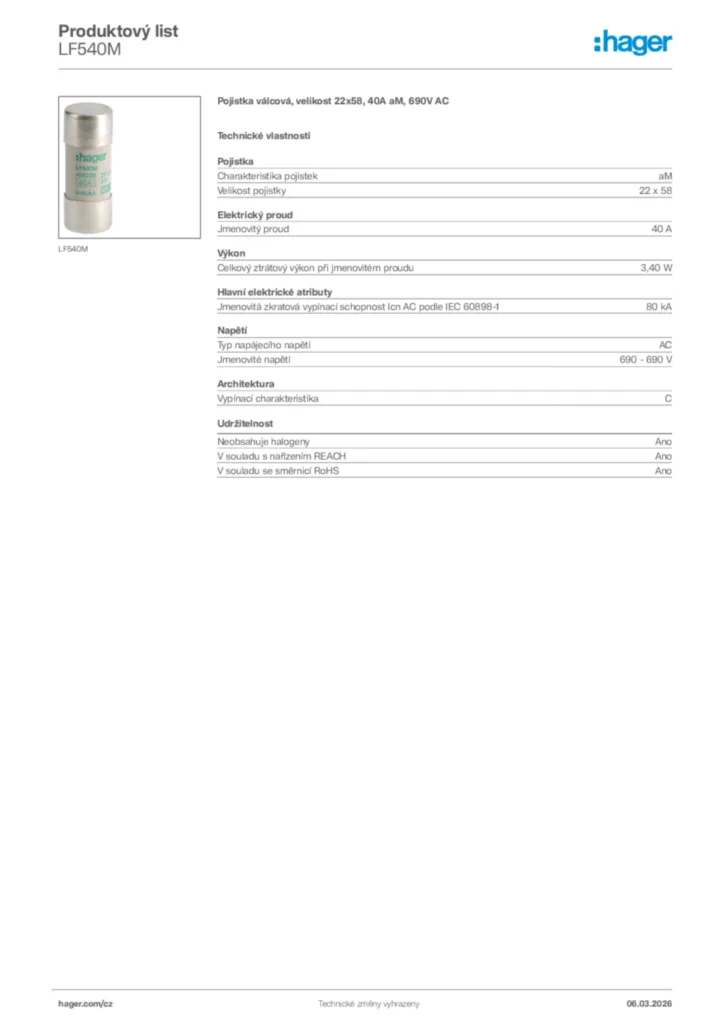 Obrázek Hager Product data sheet LF540M | Hager