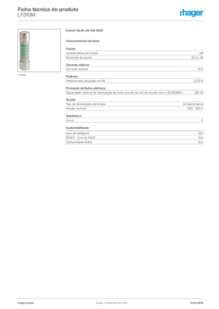 Imagem Hager Ficha técnica do produto LF310M | Hager Portugal