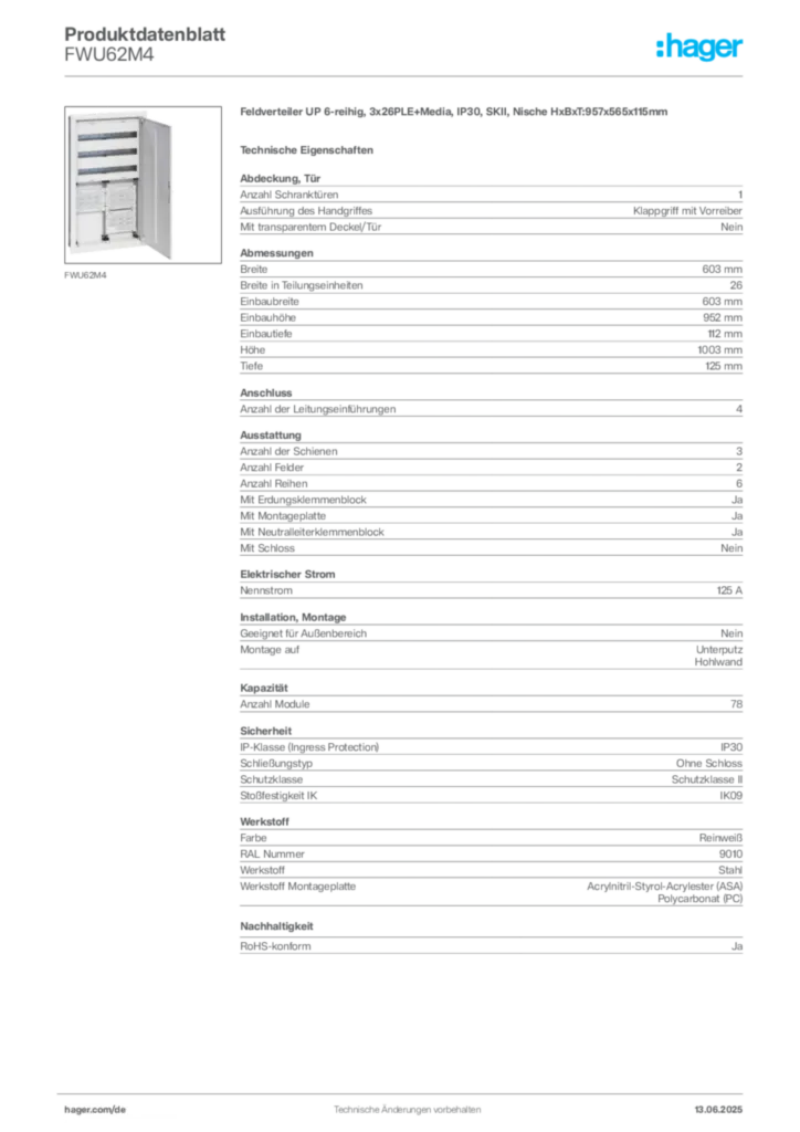 Bild Hager Produktdatenblatt FWU62M4 | Hager Deutschland