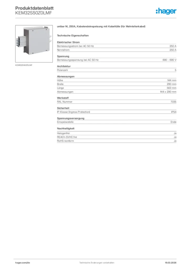 Bild Hager Produktdatenblatt KEM32S50Z0LMF | Hager Deutschland