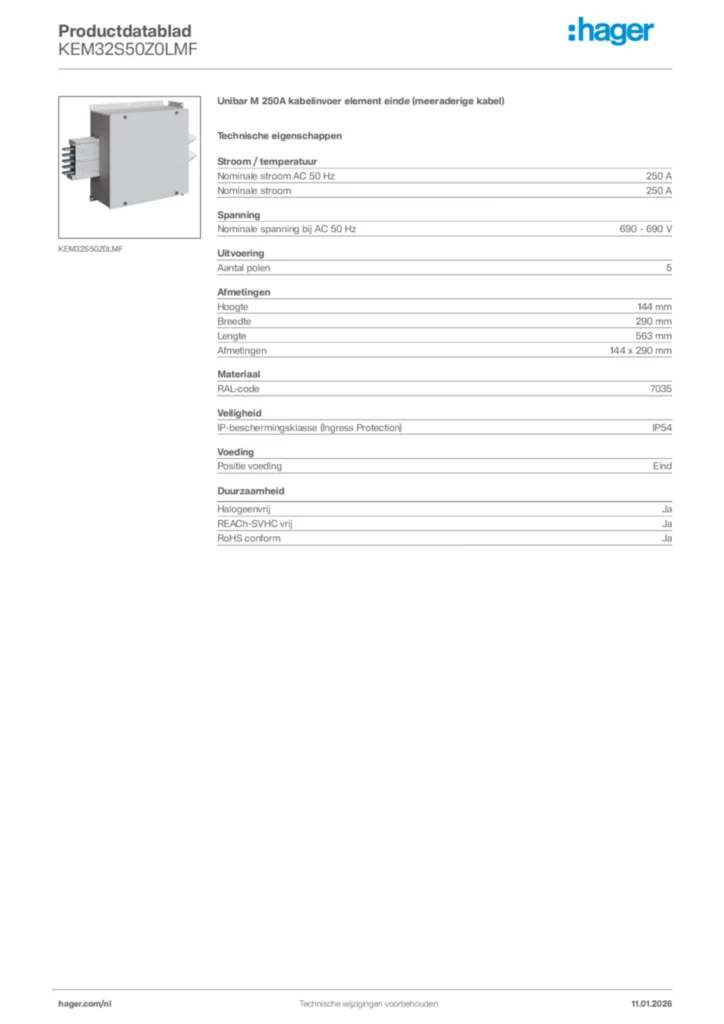 Afbeelding Hager Productdatablad KEM32S50Z0LMF | Hager Nederland