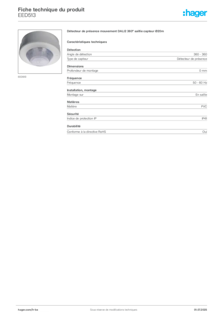 Image Hager Fiche technique du produit EED513 | Hager Belgique