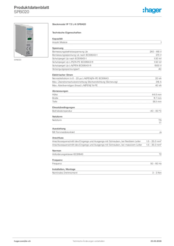 Bild Hager Produktdatenblatt SPB020 | Hager Schweiz