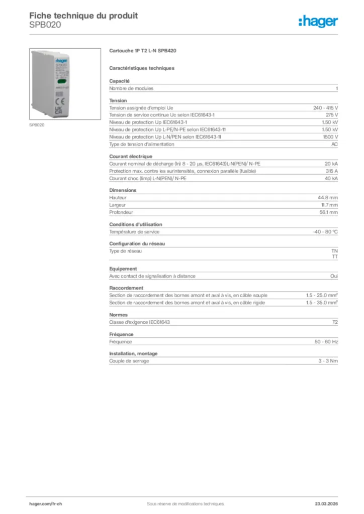 Image Hager Fiche technique du produit SPB020 | Hager Suisse