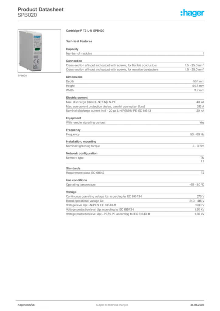 Image Hager Product data sheet SPB020  | Hager