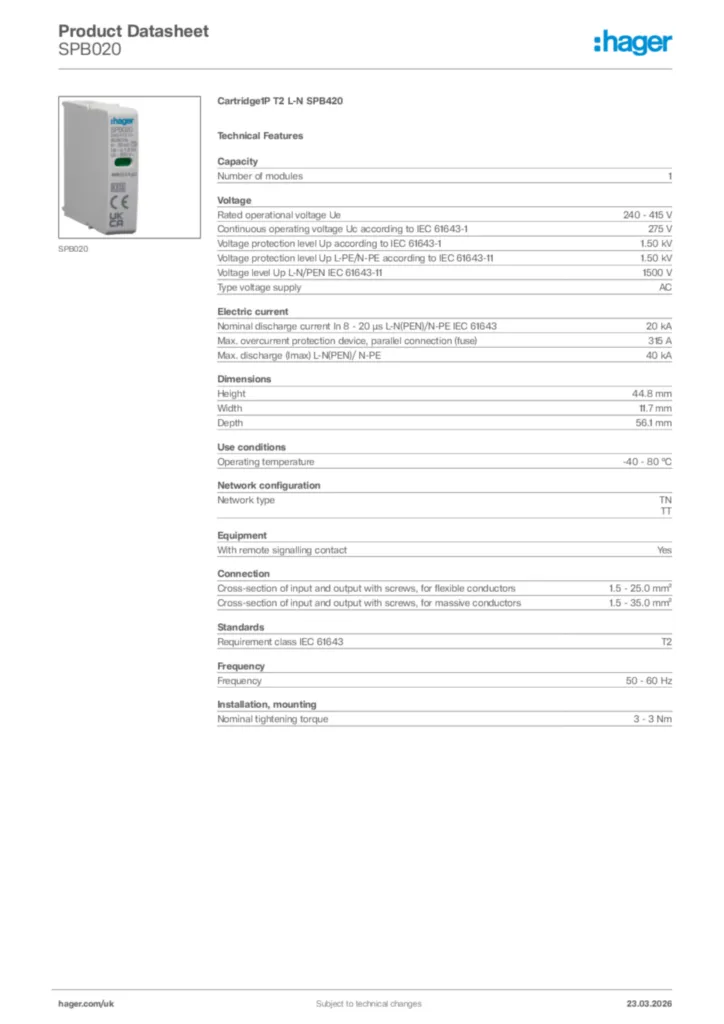 Image Hager Product data sheet SPB020  | Hager
