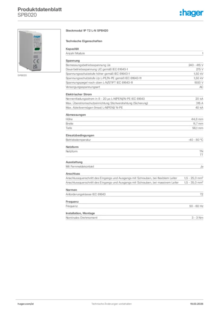 Bild Hager Produktdatenblatt SPB020 | Hager Deutschland